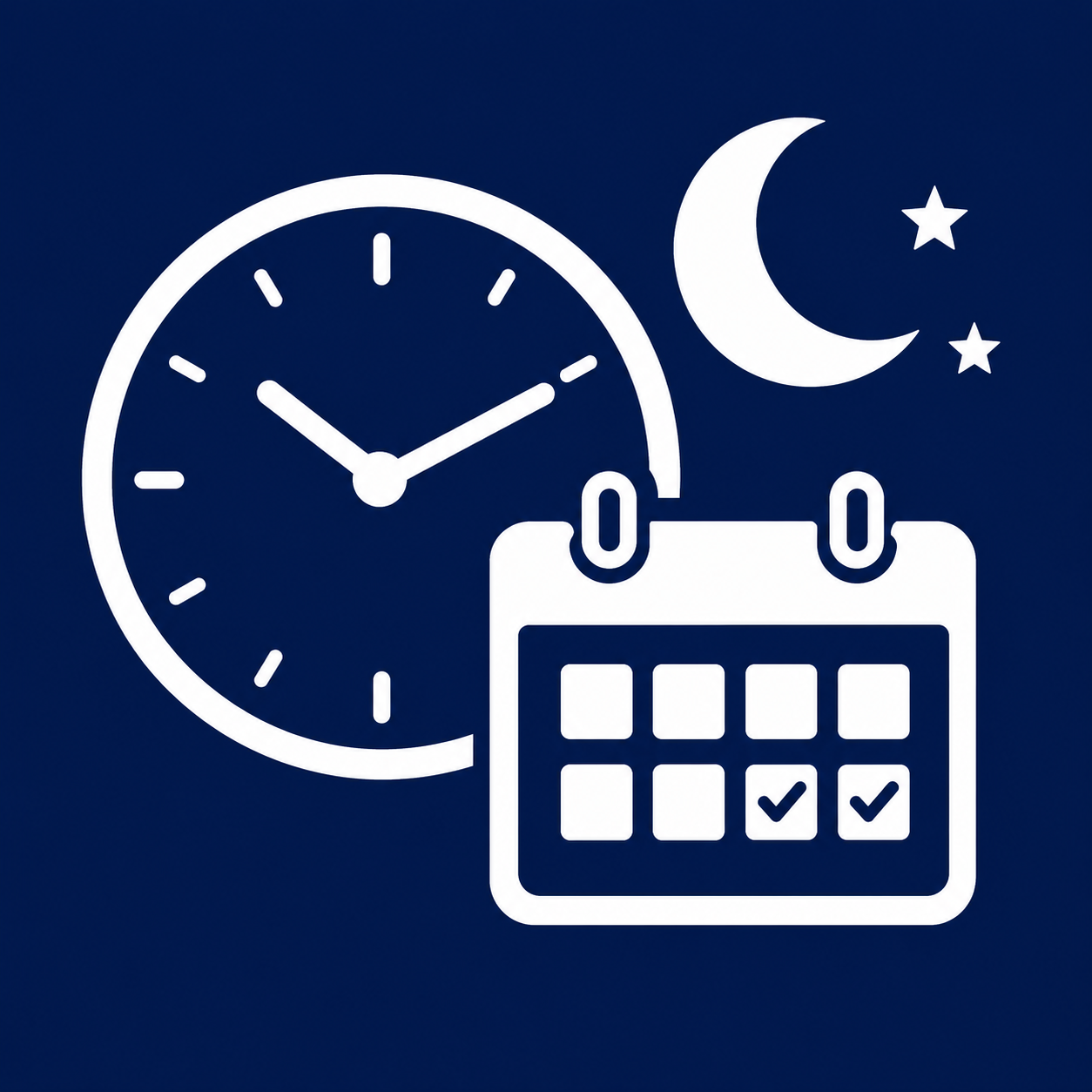 White icon featuring a clock, a calendar, and a crescent moon with stars on a dark blue background, symbolizing flexible moving hours and overnight storage.