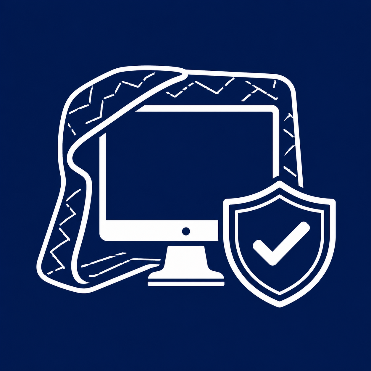 Line art icon showing a computer monitor protected with a padded moving blanket and a security shield on a dark blue background.