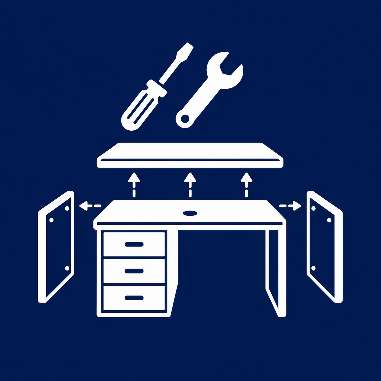 White icon illustrating furniture assembly with a desk, floating panels, a screwdriver, and a wrench on a dark blue background.