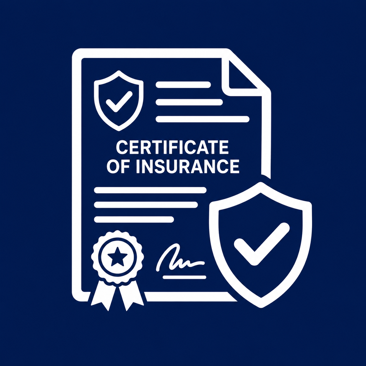 White line art icon of a "Certificate of Insurance" document featuring a security shield emblem on a dark blue background.