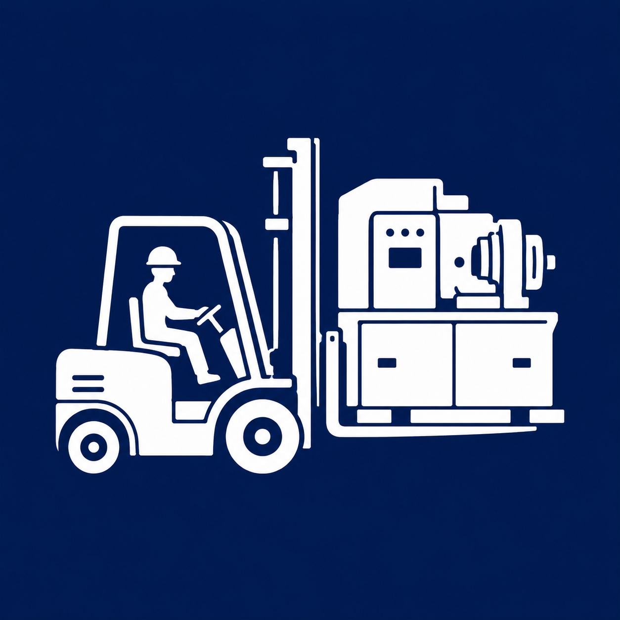 White line art icon of a warehouse worker operating a forklift next to heavy industrial machinery on a dark blue background.