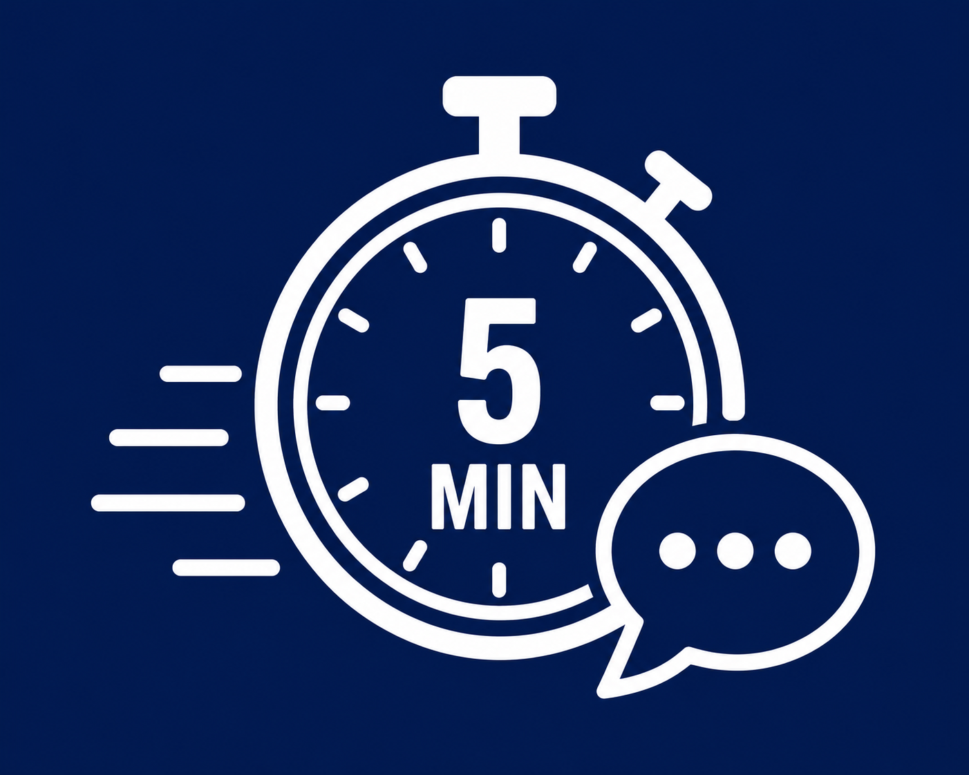 Emergency Movers Wesley Chapel 3 White line art icon of a stopwatch showing "5 MIN" and a message speech bubble, representing ultra-fast response times and quick customer support.