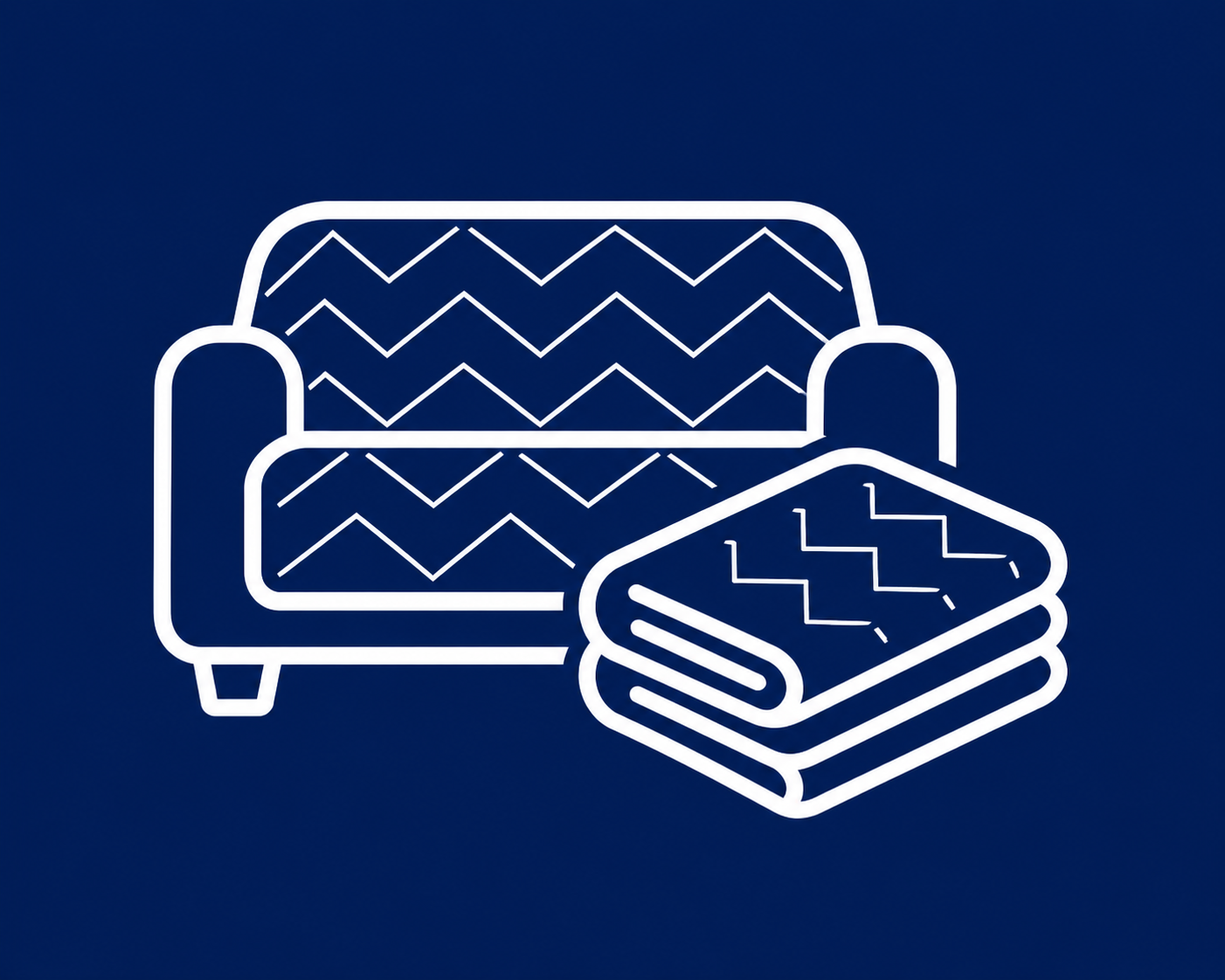 White line art icon depicting a textured sofa with a thick protective furniture pad or mattress protector being placed over it on a blue background.
