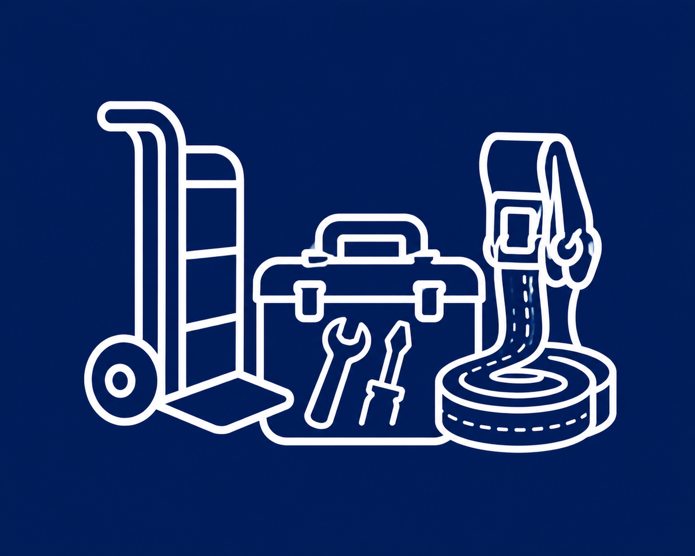 White line art icon showing essential moving equipment, including a hand truck dolly, a tool box, a wrench, and a heavy-duty cargo strap.