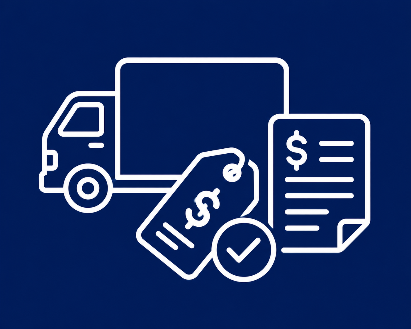 White icon featuring a moving truck alongside a price tag and a billing invoice with a dollar sign on a dark blue background.