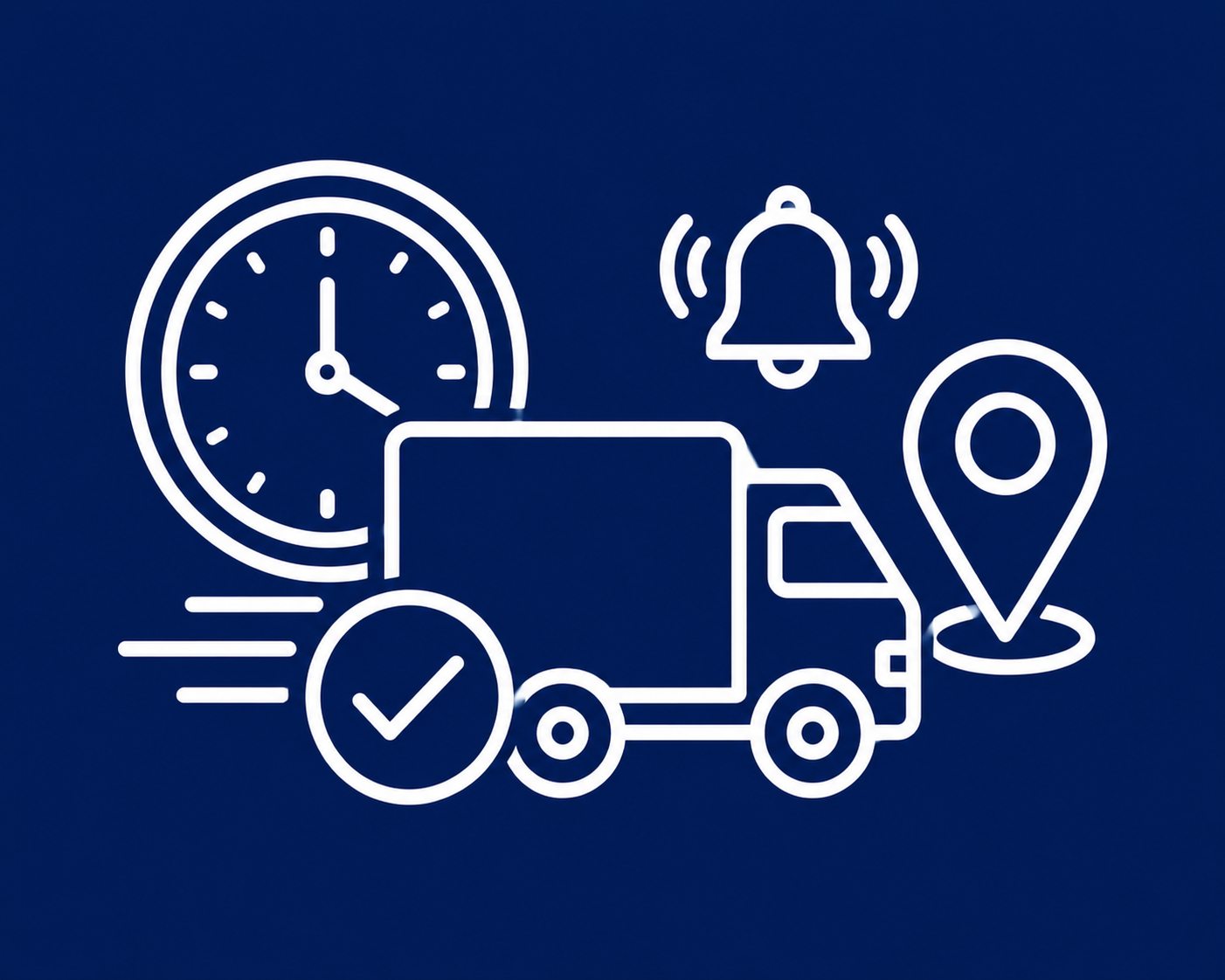 White line art icon displaying a moving truck, a clock, a ringing bell notification, and a map location pin, representing live shipment tracking and arrival alerts.
