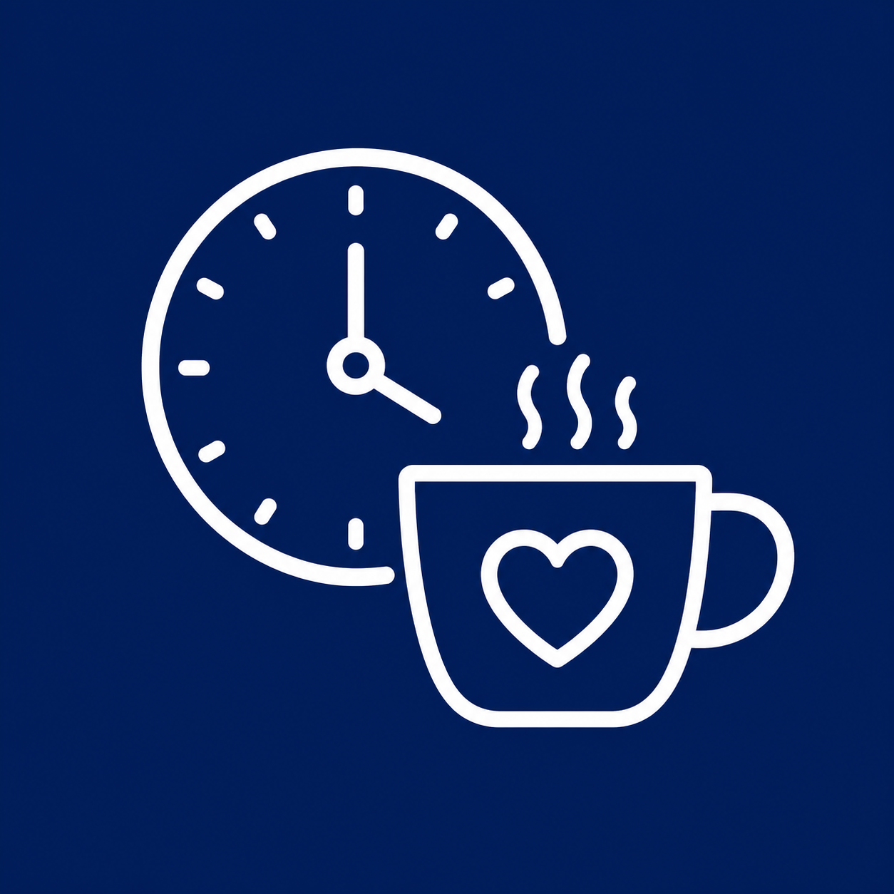 Senior Moving 2 Line icon of a clock and a steaming coffee mug with a heart, representing patient Tampa senior moving services.
