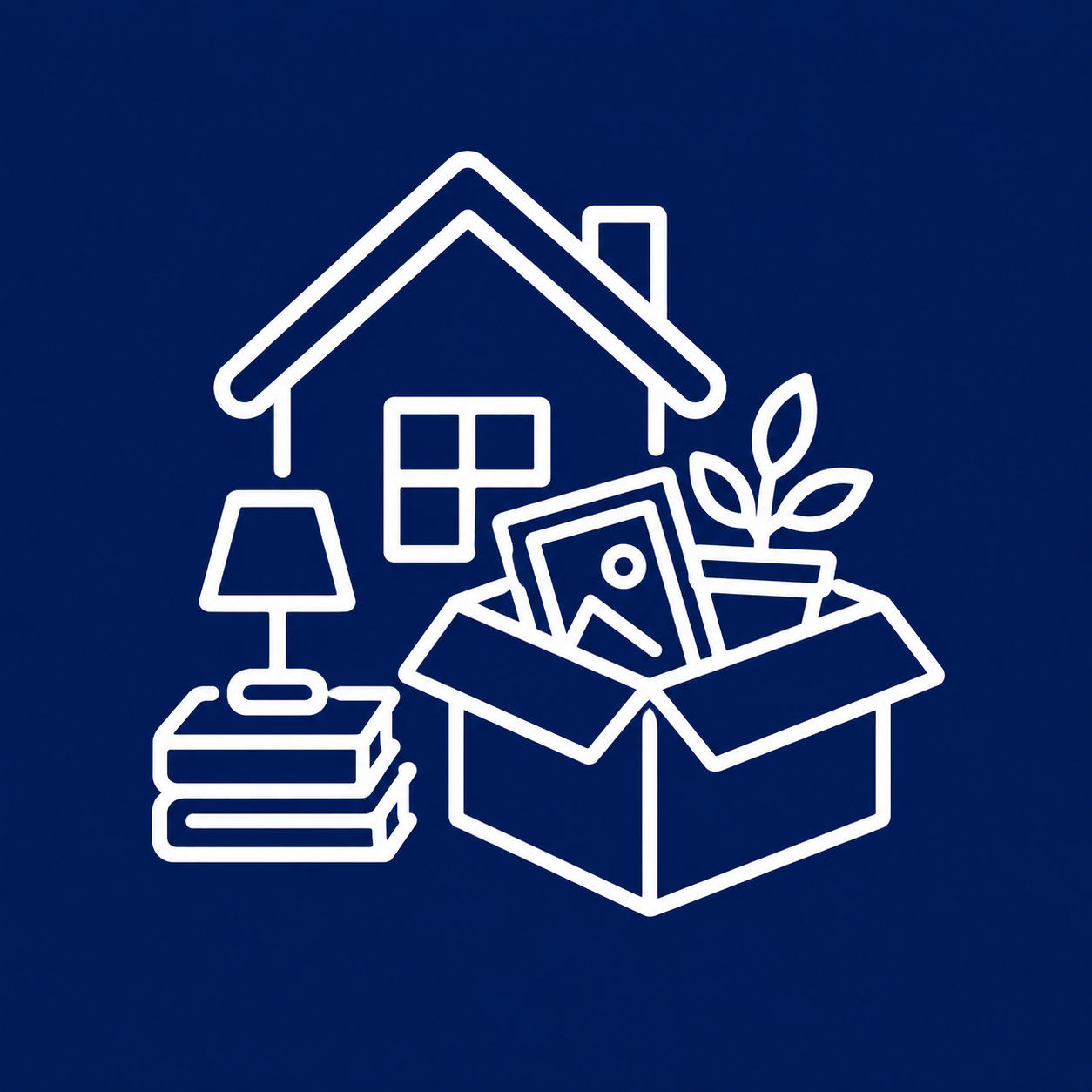 Line icon of a house, books, a lamp, and a moving box, illustrating local downsizing assistance in Tampa.