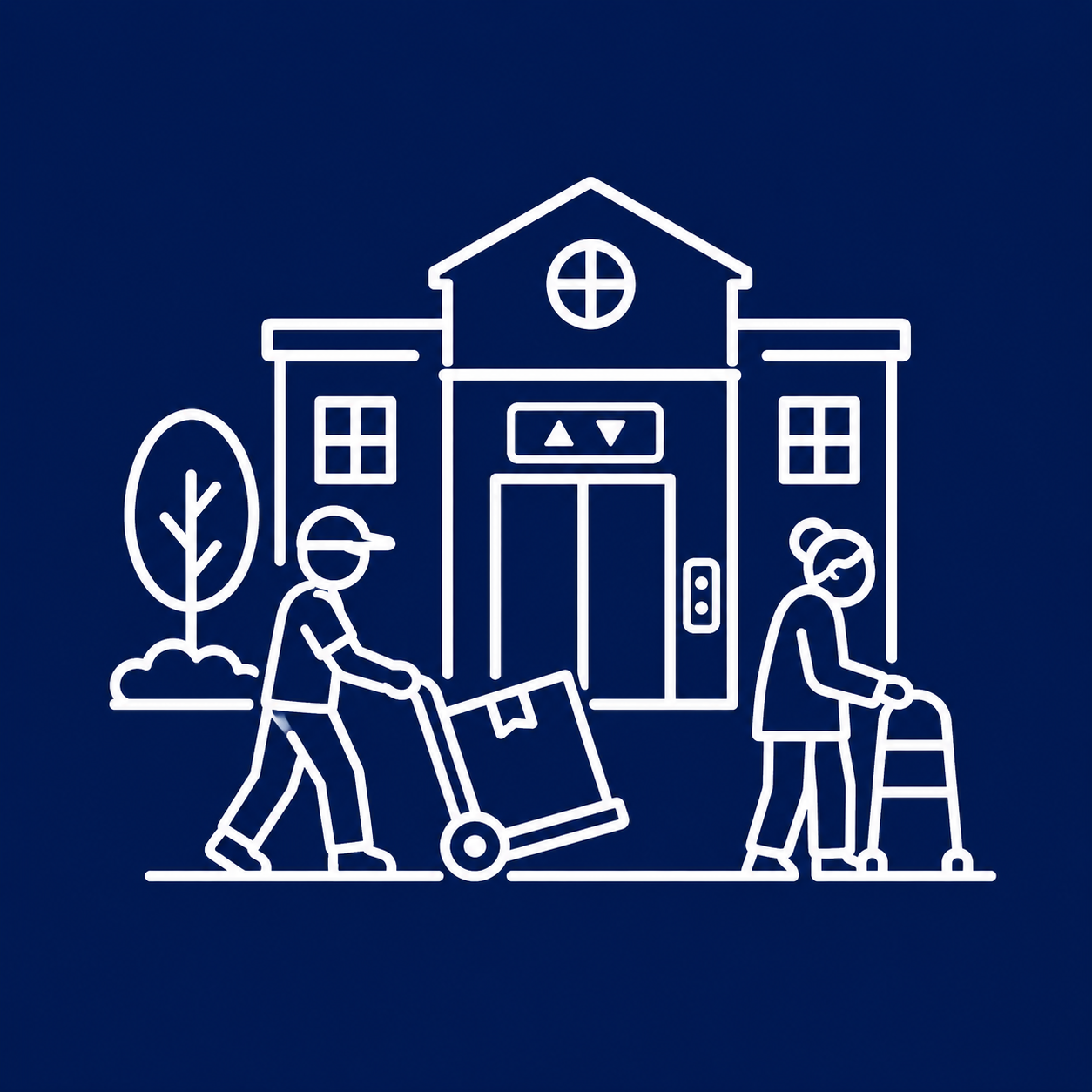 Senior Moving 5 Line icon of a mover with a hand truck outside a retirement community building for senior relocation in Tampa.