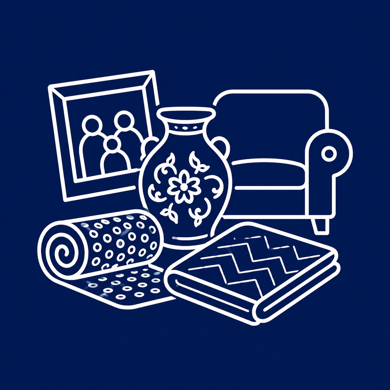 Senior Moving 6 Line icon of family photos, a delicate vase, a rolled rug, and an armchair for careful senior moving services.