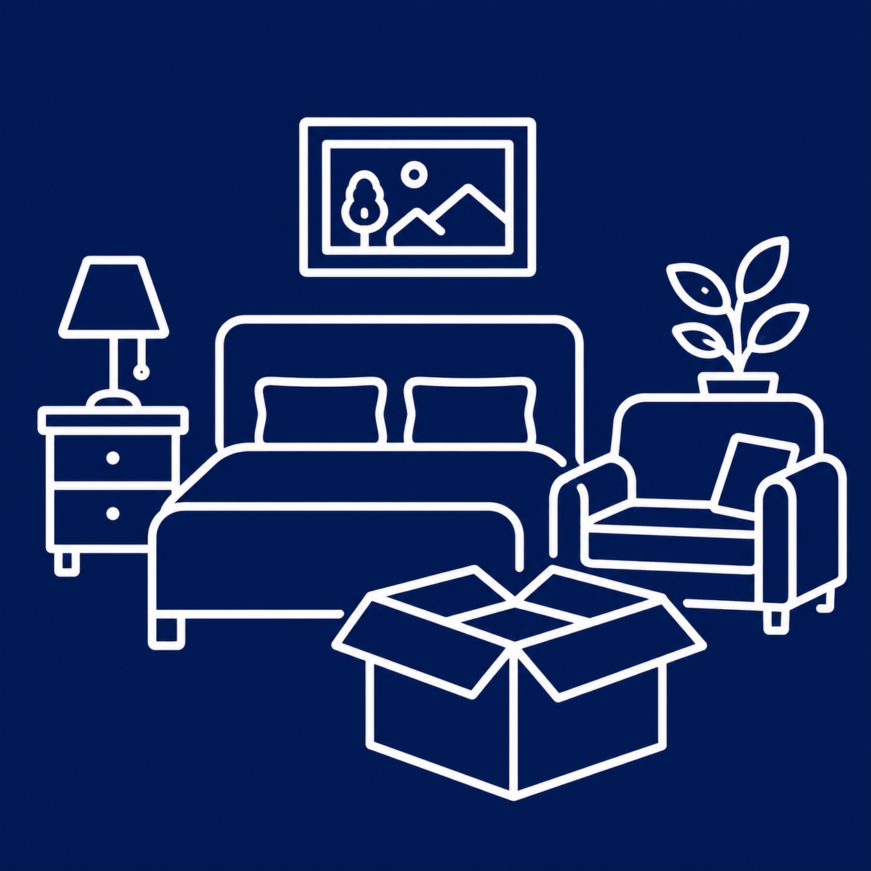 Senior Moving 7 Line art icon of a bedroom with a bed, armchair, and an open moving box on a blue background.