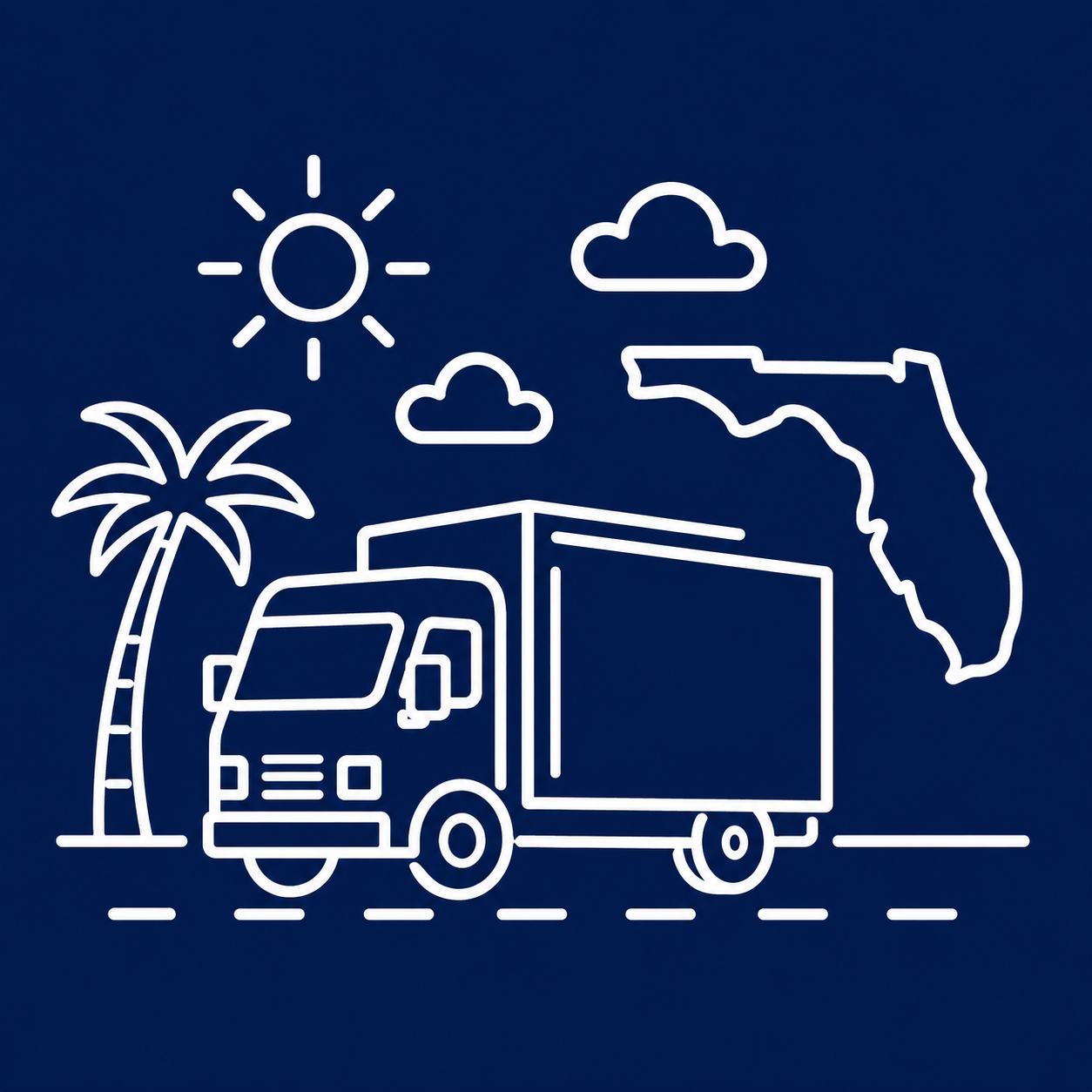 Line icon of a moving truck driving past a palm tree under a sun, next to an outline of Florida for long-distance moving.