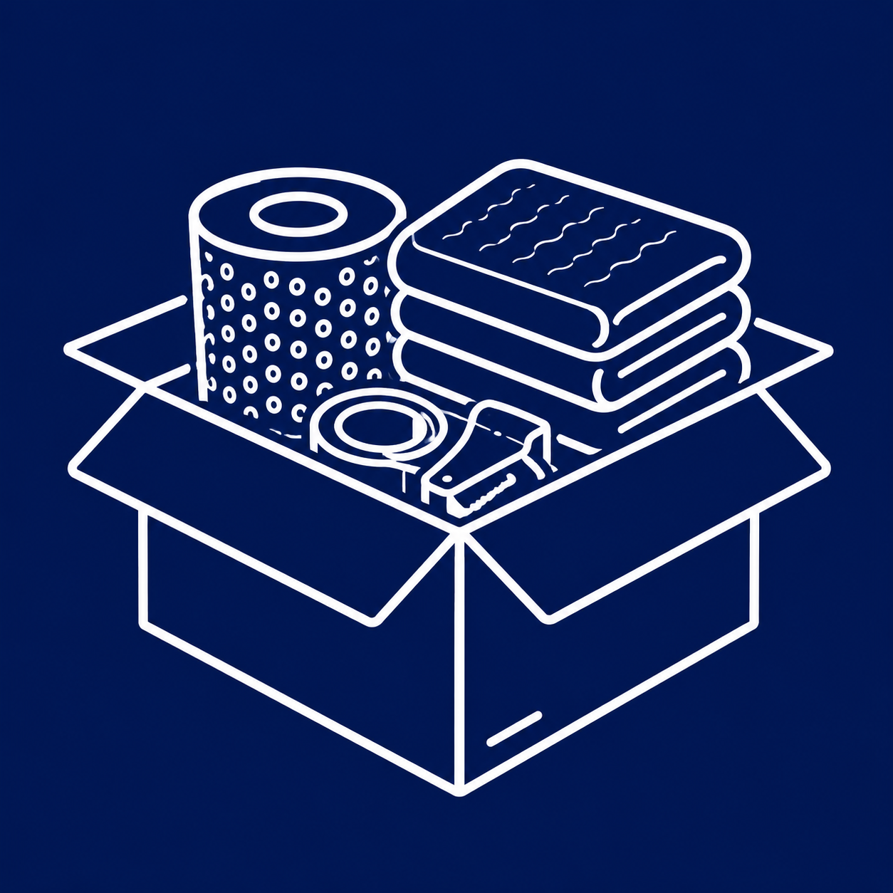 Line icon of an open cardboard box filled with moving supplies, packing tape, and protective blankets for local Tampa moves.
