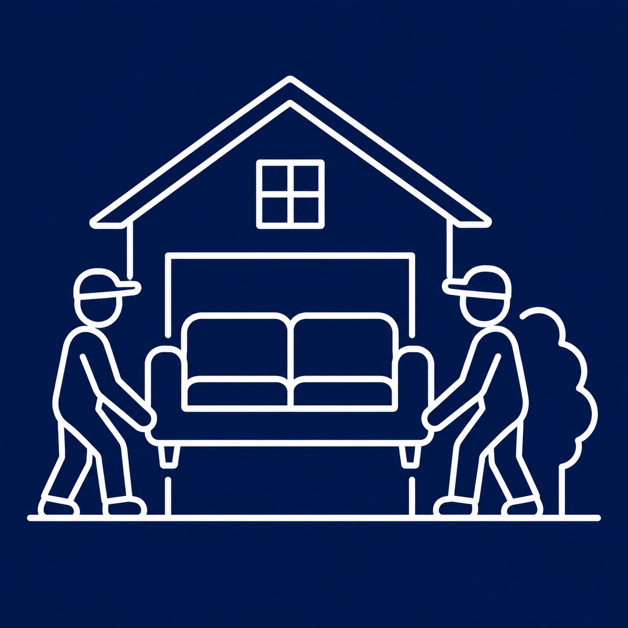 Line icon of two professional movers carrying a sofa out of a house, symbolizing efficient residential moving in Tampa.