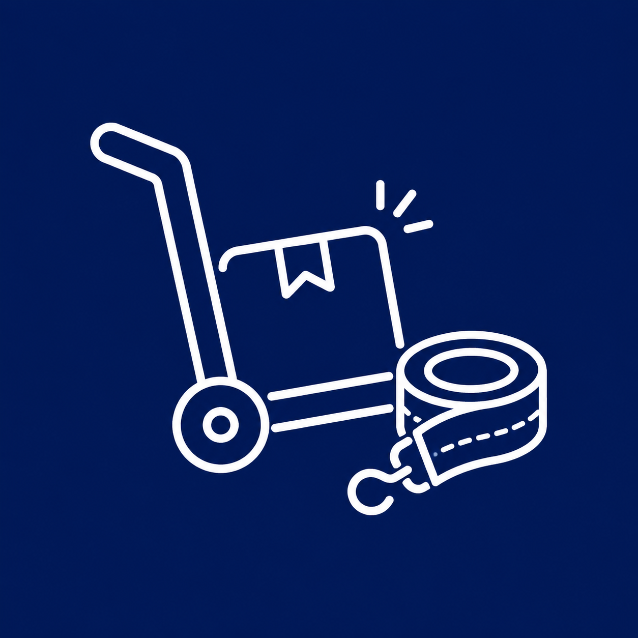 Moving equipment line art icon featuring a hand truck dolly with a cardboard box and a rolled-up tie-down strap on a blue background.