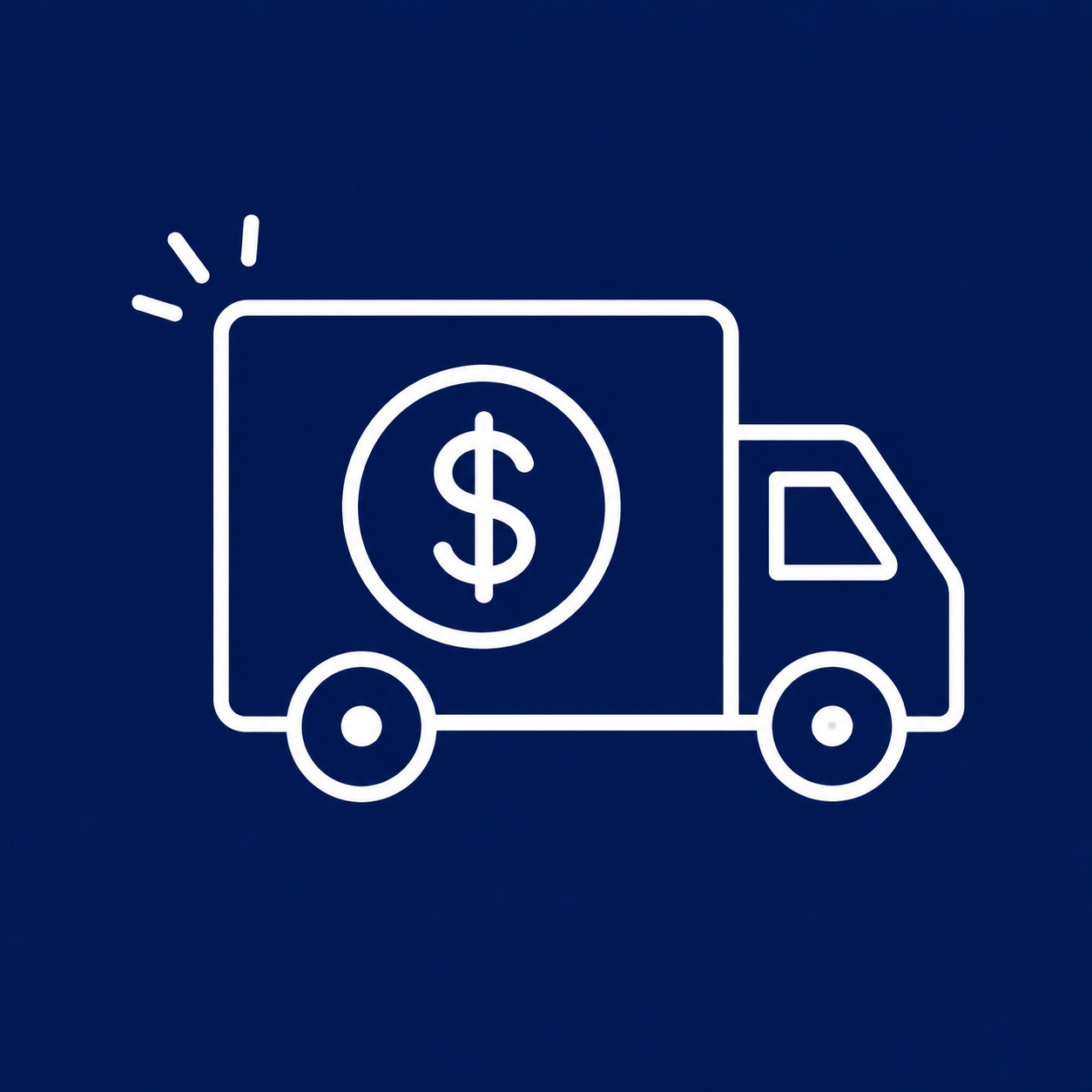 White line art icon of a moving delivery truck with a large dollar sign emblem on the side, set against a dark blue background.