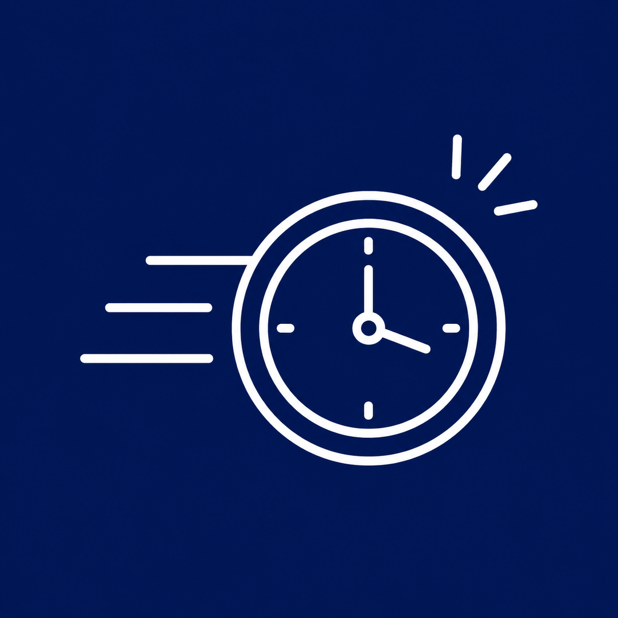 White line art icon of a clock with speed motion lines on a dark blue background, representing punctual delivery and on-time moving services.