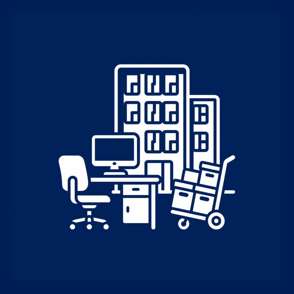 Commercial and office movers in Tampa Bay icon with an office building, desk and dolly of file boxes