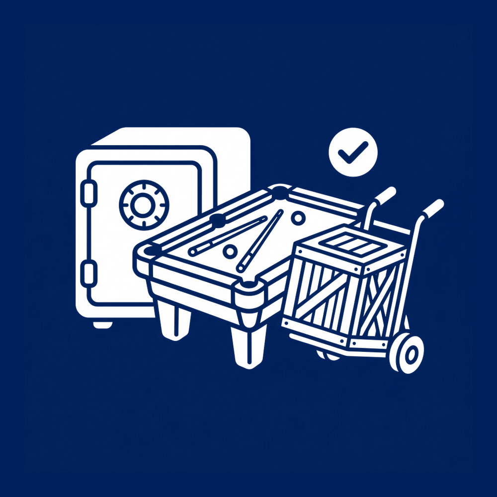 Heavy and oversized movers in Tampa Bay icon with a safe, pool table and crate on a moving dolly