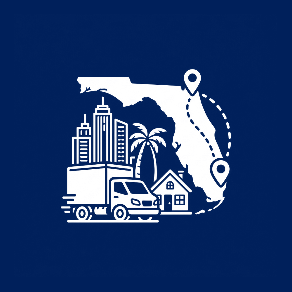 Local and long-distance movers in Tampa Bay icon with a moving truck, house, city skyline and Florida map