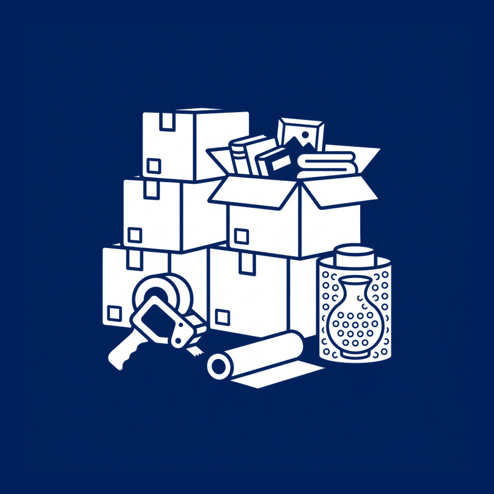 Packing services in Tampa Bay icon with stacked moving boxes, a tape gun and a bubble-wrapped item