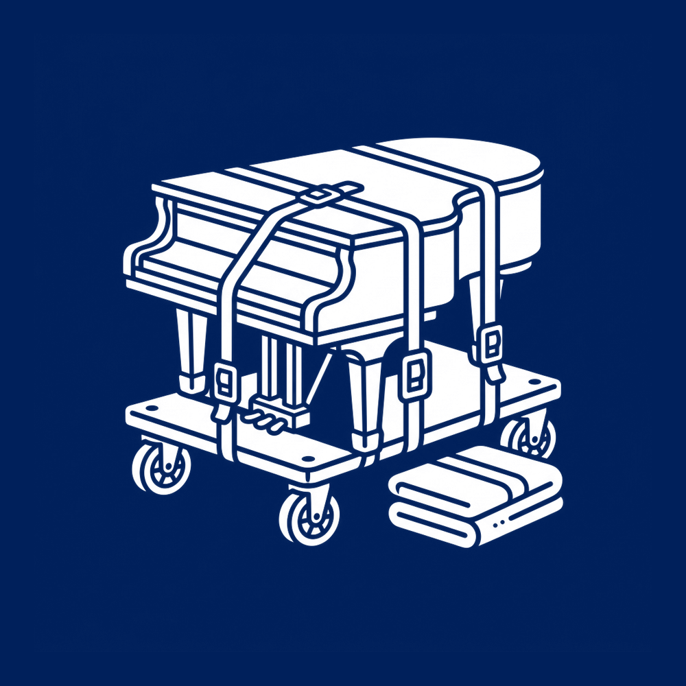 Piano movers in Tampa Bay icon with a grand piano strapped to a wheeled moving dolly