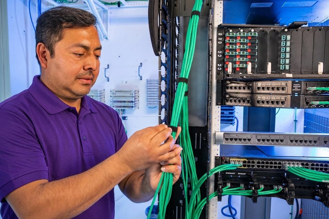 Office Movers Tampa 1 Technician securing network cables in a server rack during an office move in Tampa, FL