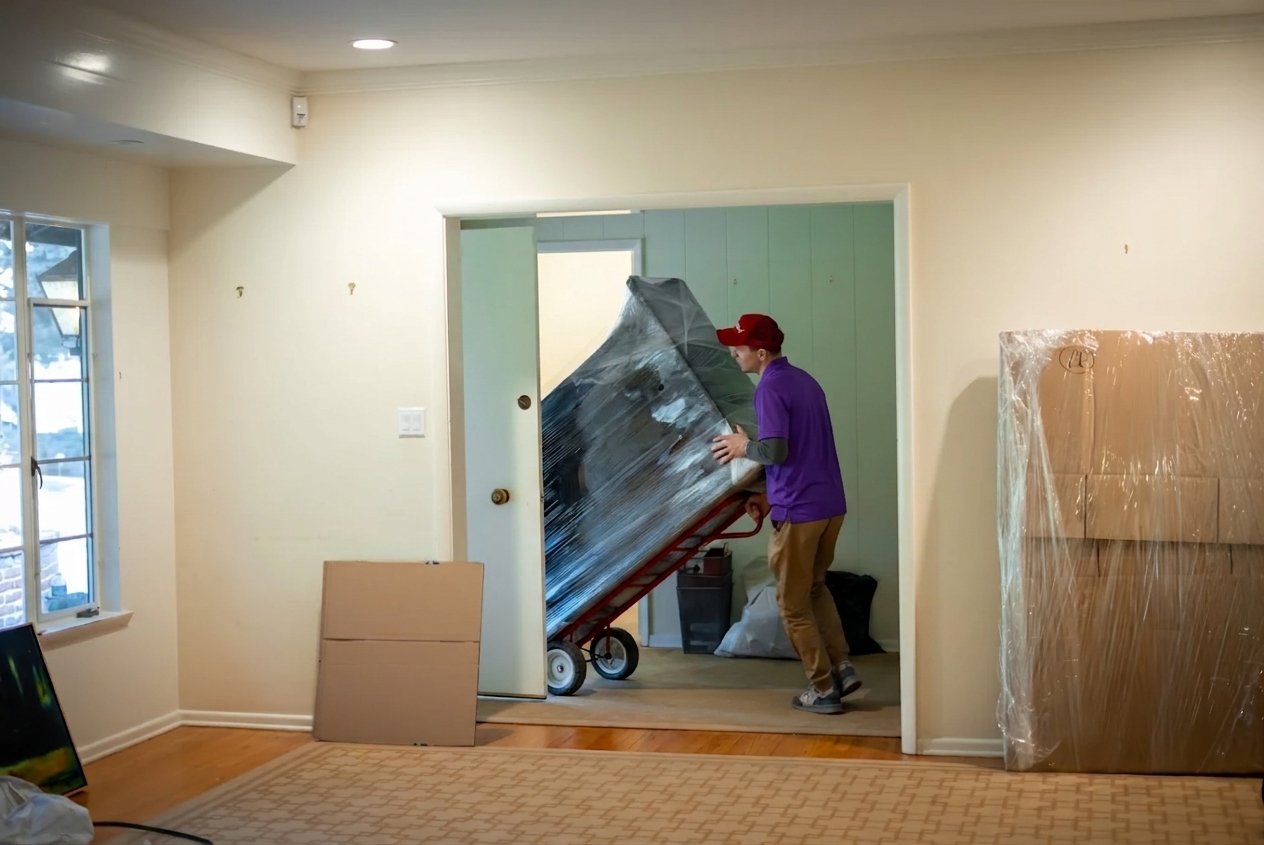 Movers in Gibsonton, FL 1 Mover tilting shrink-wrapped furniture through a doorway on a hand truck