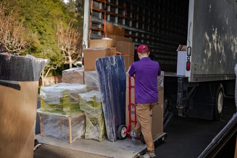 Tampa to Sarasota Movers 1 Mover wheeling boxes onto a truck liftgate with a hand truck